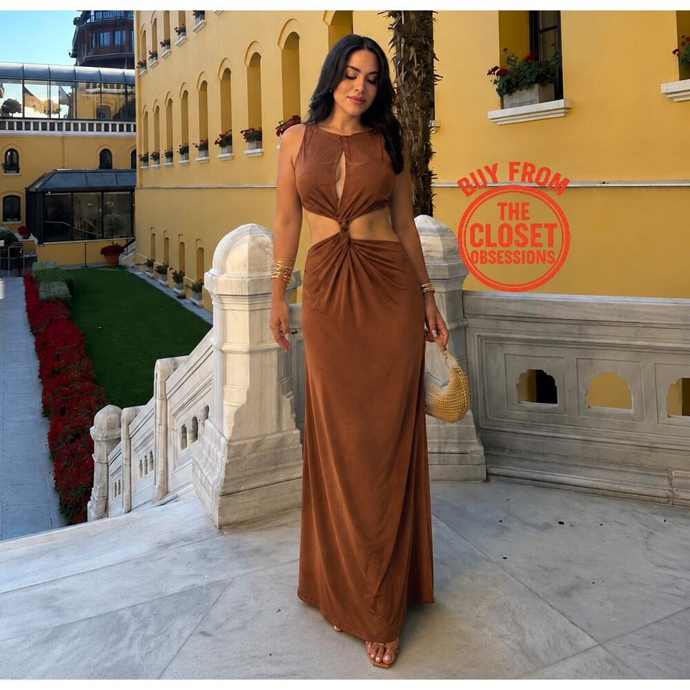 ZARA Brown Cut Out Maxi Dress Vacation Resort Dress NWT - Picture 2 of 16